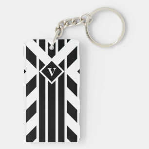 Black Quadrilateral Stripes on White with Monogram Key Ring