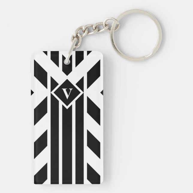 Black Quadrilateral Stripes on White with Monogram Key Ring (Back)