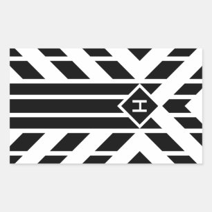 Black Quadrilateral Stripes on White with Monogram Rectangular Sticker