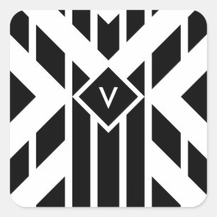 Black Quadrilateral Stripes on White with Monogram Square Sticker