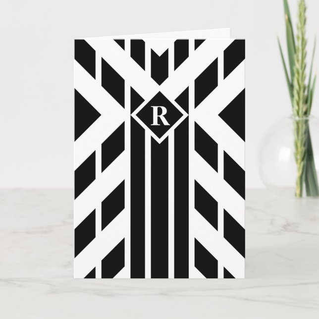 Black Quadrilateral Stripes on White with Monogram Thank You Card (Front)