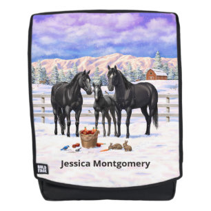 Black Quarter Horses In Snow Backpack