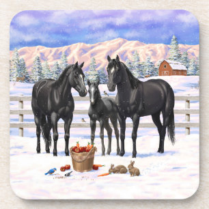 Black Quarter Horses In Snow Coaster