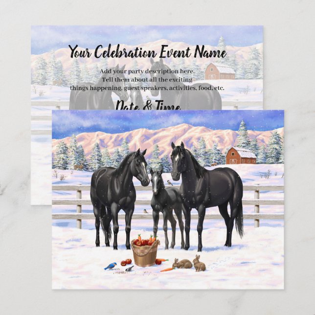 Black Quarter Horses In Snow Invitation (Front/Back)