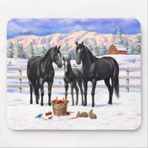 Black Quarter Horses In Snow Mouse Mat