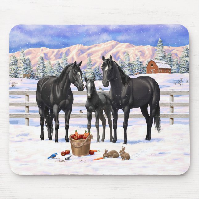 Black Quarter Horses In Snow Mouse Mat (Front)