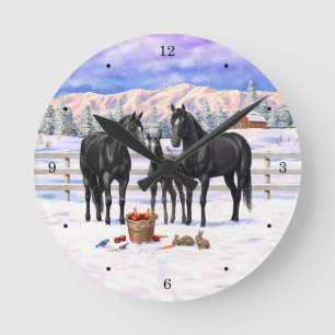 Black Quarter Horses In Snow Round Clock