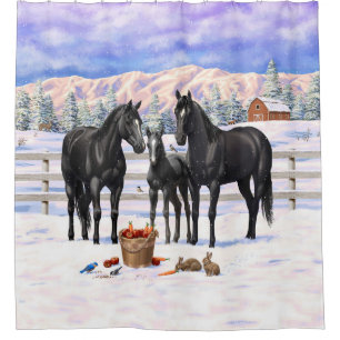Black Quarter Horses In Snow Shower Curtain
