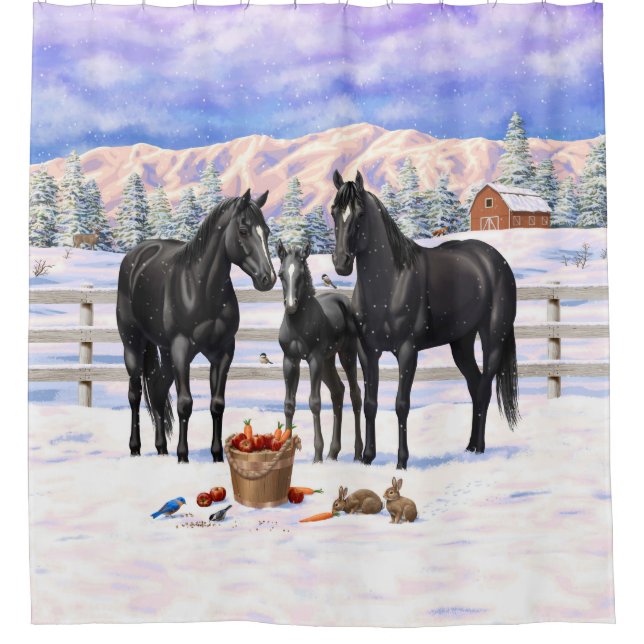 Black Quarter Horses In Snow Shower Curtain (Front)