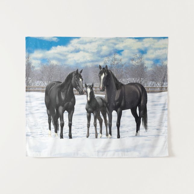 Black Quarter Horses In Snow Tapestry (Front (Horizontal))