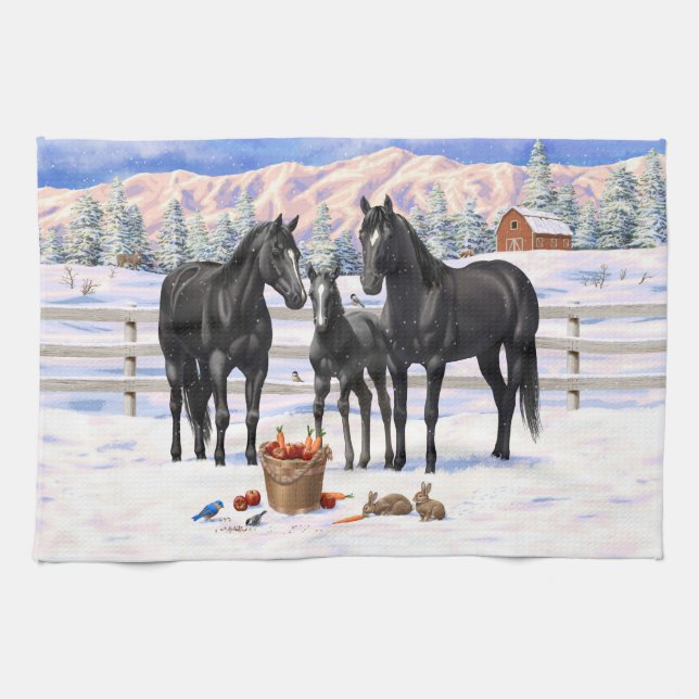 Black Quarter Horses In Snow Tea Towel (Horizontal)