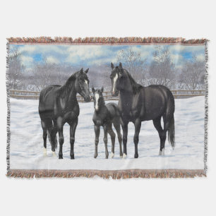Black Quarter Horses In Snow Throw Blanket