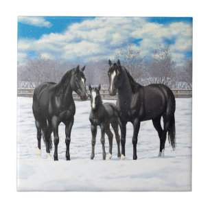 Black Quarter Horses In Snow Tile