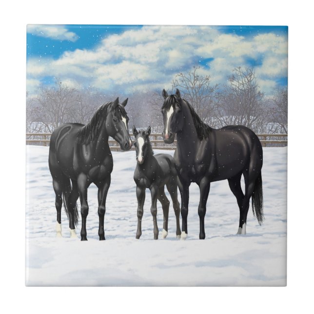 Black Quarter Horses In Snow Tile (Front)