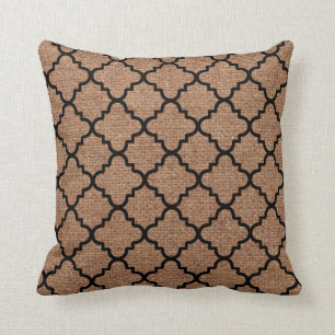 Black Quatrefoil & Faux Rustic Burlap –Shabby Ch Cushion