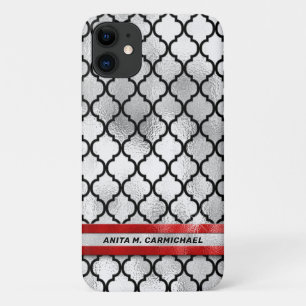 Black Quatrefoil on Silver, Crimson Red Foil iPhone 11 Case