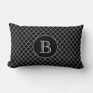Black Quatrefoil Pattern Custom Monogram Lumbar Cushion
