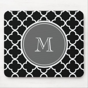 Black Quatrefoil Pattern, Grey Monogram Mouse Mat