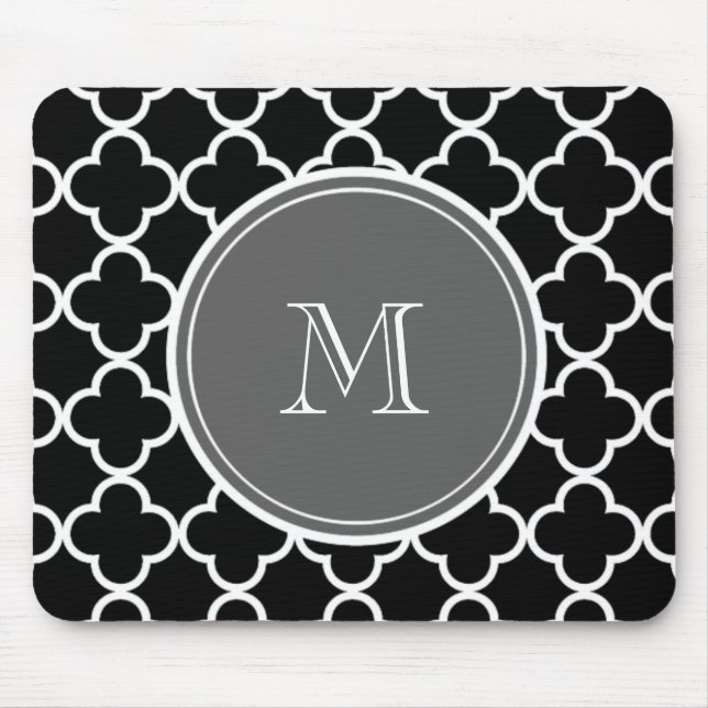 Black Quatrefoil Pattern, Grey Monogram Mouse Mat (Front)