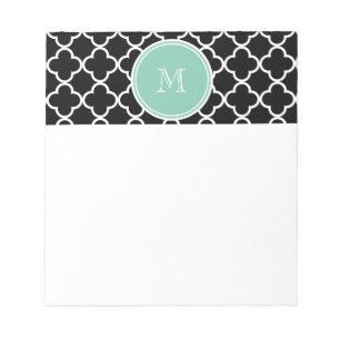 Black Quatrefoil Pattern, Mint Green Monogram Notepad