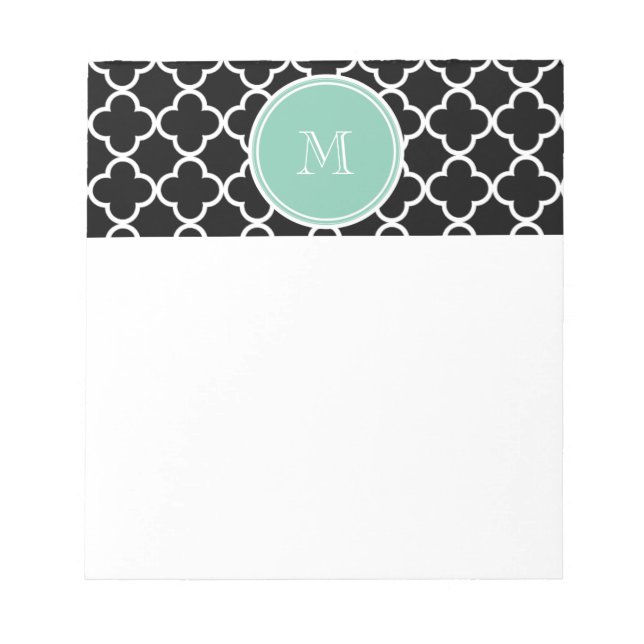 Black Quatrefoil Pattern, Mint Green Monogram Notepad (Front)