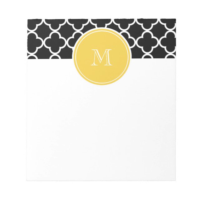 Black Quatrefoil Pattern, Yellow Monogram Notepad (Front)