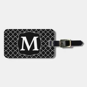 Black Quatrefoil White Monogram Luggage Tag