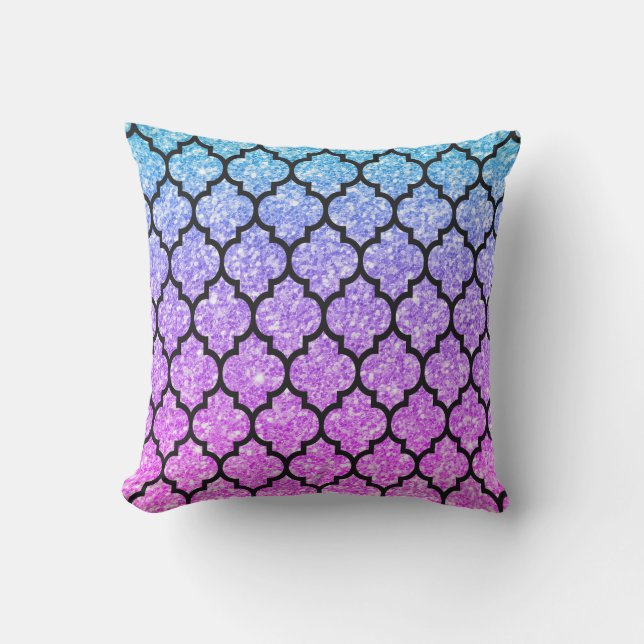 Black Quatrefoil With Pink & Blue Glitter Cushion (Front)