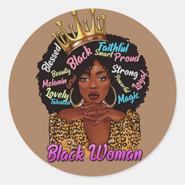 Black Queen Afro Woman Classic Round Sticker (Front)
