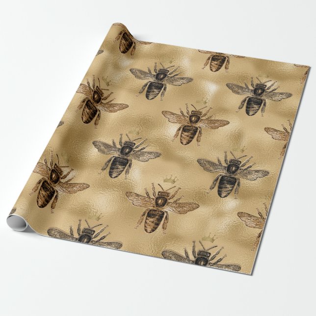 Black Queen Bees on Gold Wrapping Paper (Unrolled)