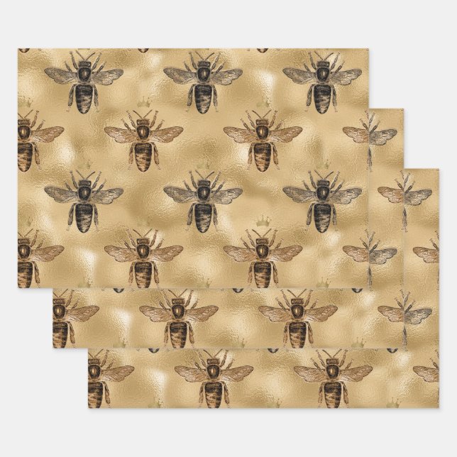 Black Queen Bees on Gold Wrapping Paper Sheet (Set)