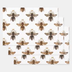 Black Queen Bees on White Wrapping Paper Sheet
