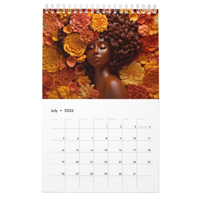 Black queen melanin sista flower curly afro women  calendar (Jul 2026)