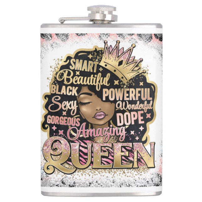 Black Queen Melanin Woman Brown Skin Sista Magic Hip Flask (Front)