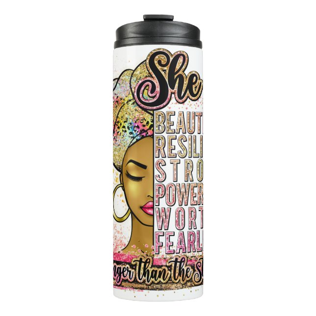 Black Queen Melanin Woman Brown Skin Sista Magic Thermal Tumbler (Front)