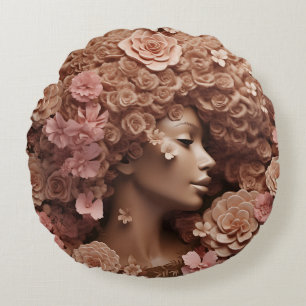 Black Queen Melanin Women 3D Floral Flower Afro  Round Cushion