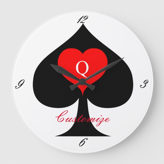 Black Queen of Spades Red Heart Thunder_Cove Large Clock (Front)