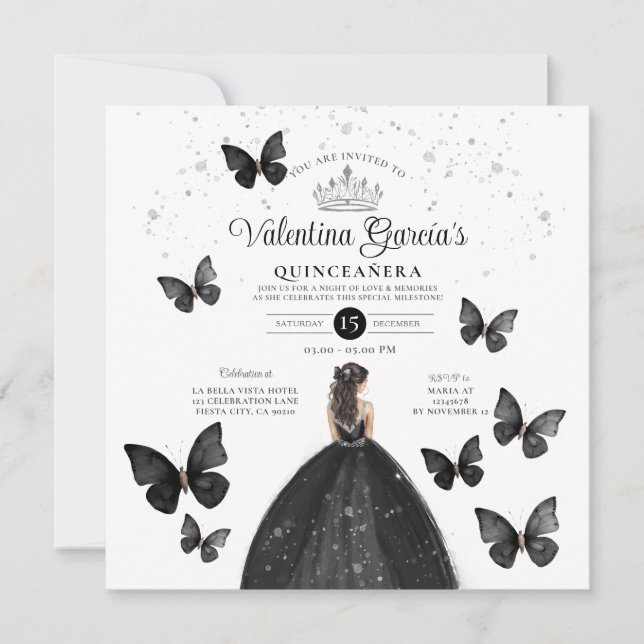 Black Quinceañera 15 Anos Buttefly Silver Glitter Invitation (Front)