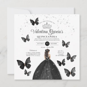 Black Quinceañera 15 Anos Buttefly Silver Glitter Invitation
