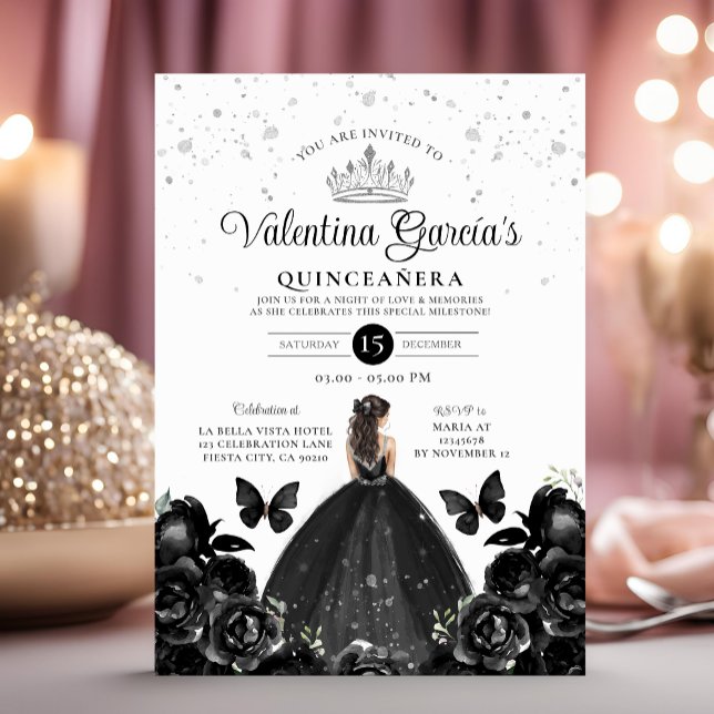 Black Quinceañera 15 Anos Flowers Silver Glitter Invitation (Creator Uploaded)