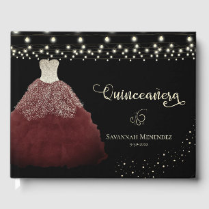 Black Quinceanera Burgundy Gown with Lights Photo Guest Book