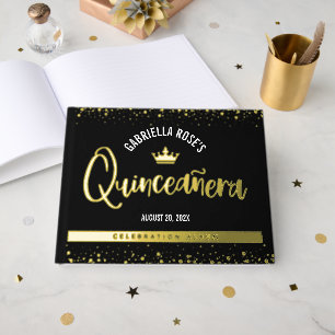 Black Quinceañera Crown Script Bold Real Gold Foil Guest Book