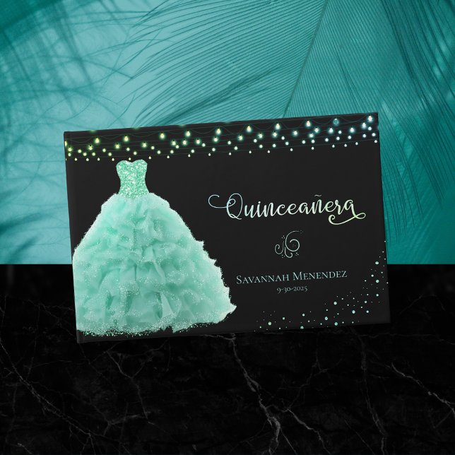Black Quinceanera Mint Green Gown Lights Photo Guest Book (Creator Uploaded)