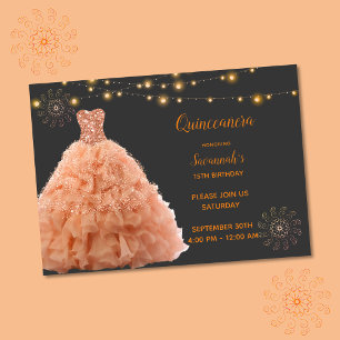 Black Quinceanera Peach Gown Lights Invitation