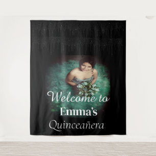 Black Quinceañera Photo Birthday Party Welcome Tapestry