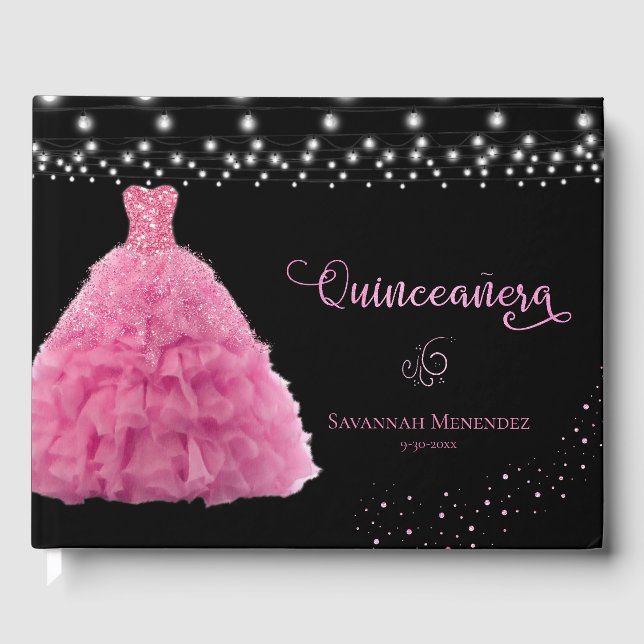 Black Quinceanera Pink Gown Lights Photo Guest Book (Front)