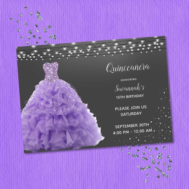 Black Quinceanera Princess Lavender Gown Lights Invitation (Creator Uploaded)