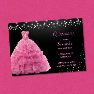 Black Quinceanera Princess Pink Gown Lights Invitation