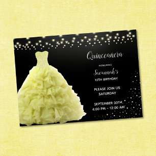 Black Quinceanera Princess Yellow Gown Lights Invitation