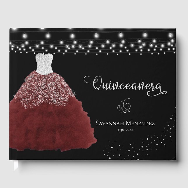 Black Quinceanera Red Gown Silver Lights Photo Guest Book (Front)